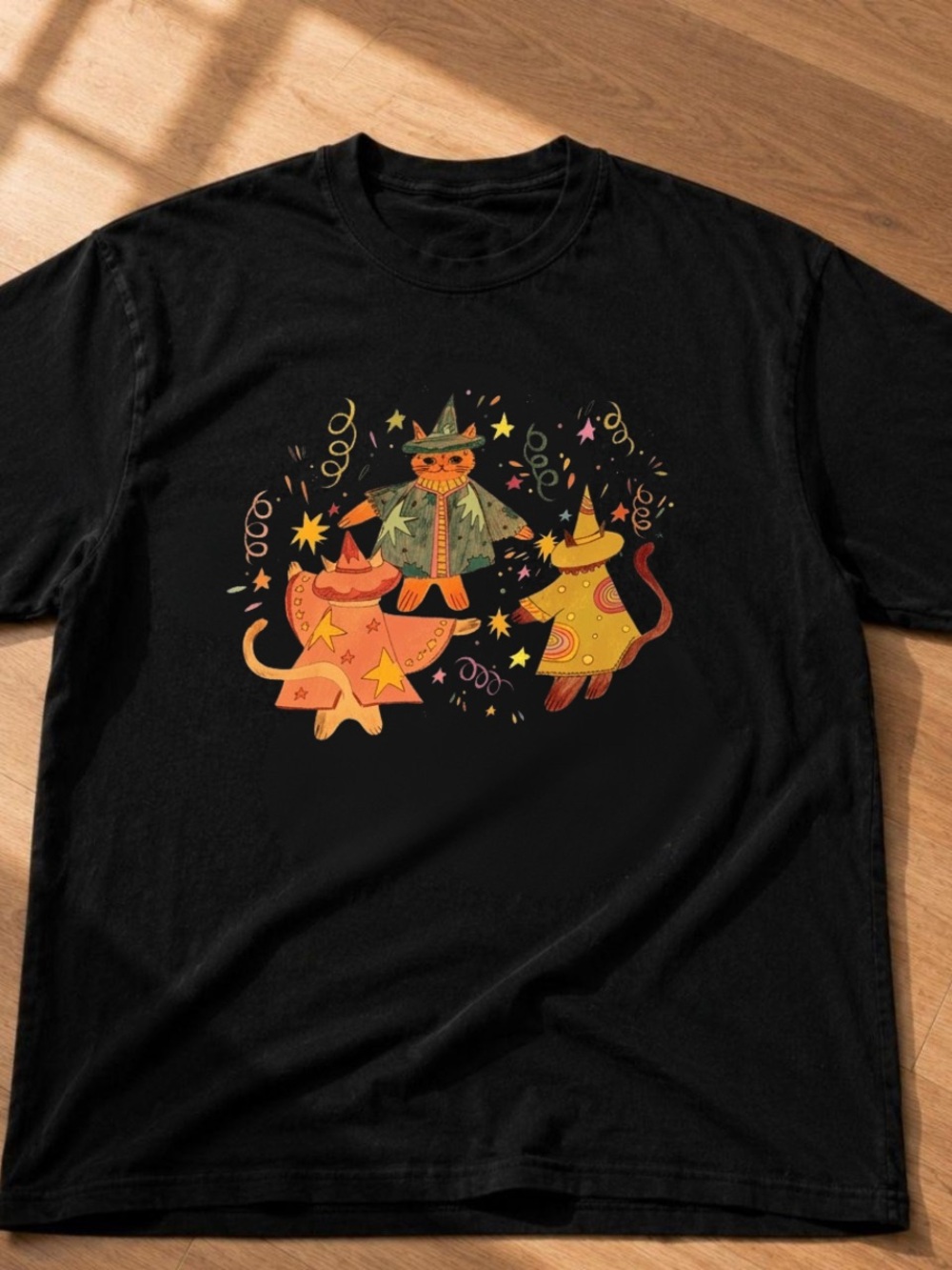 Black Cat Witch Graphic T-Shirt - Orange & Green Cat Design